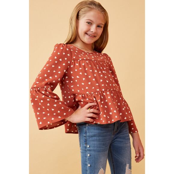 HAYDEN Sydney Rose Tiered Puff Shoulder Top with Hearts and Bell Sleeves Small - Picture 1 of 5